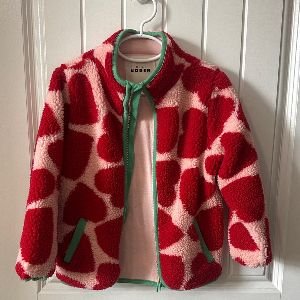 Boden Kids Red and Pink Fleece Jacket with Green Trim